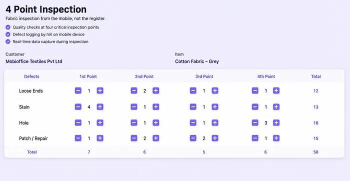 MobiOffice 4-Point Inspection — defect logging by roll on mobile device