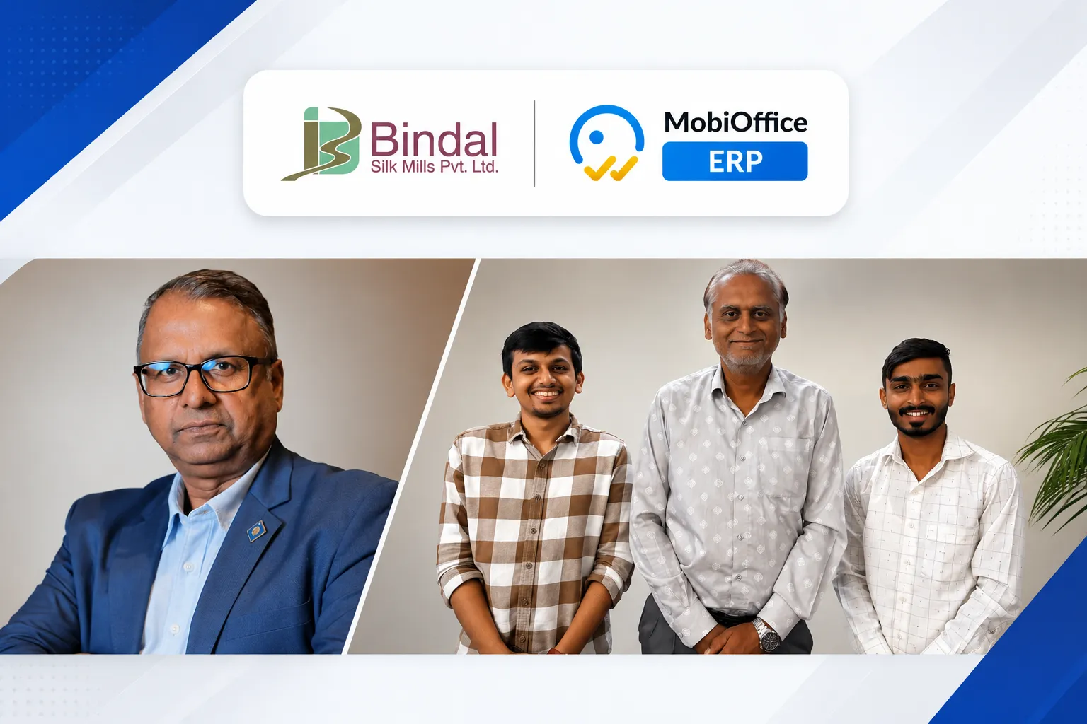 Ravindra Arya, Chairman & MD, and Shaileshbhai Patel, IT Head, with the MobiOffice team — Bindal Silk Mills Pvt. Ltd., Surat