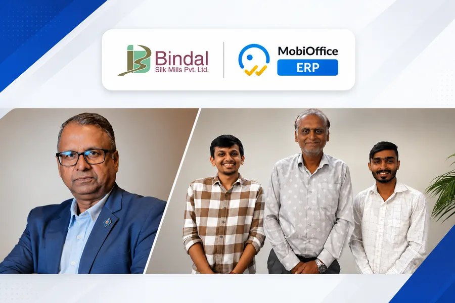 Ravindra Arya, Chairman & MD, and Shaileshbhai Patel, IT Head, with the MobiOffice team — Bindal Silk Mills Pvt. Ltd., Surat