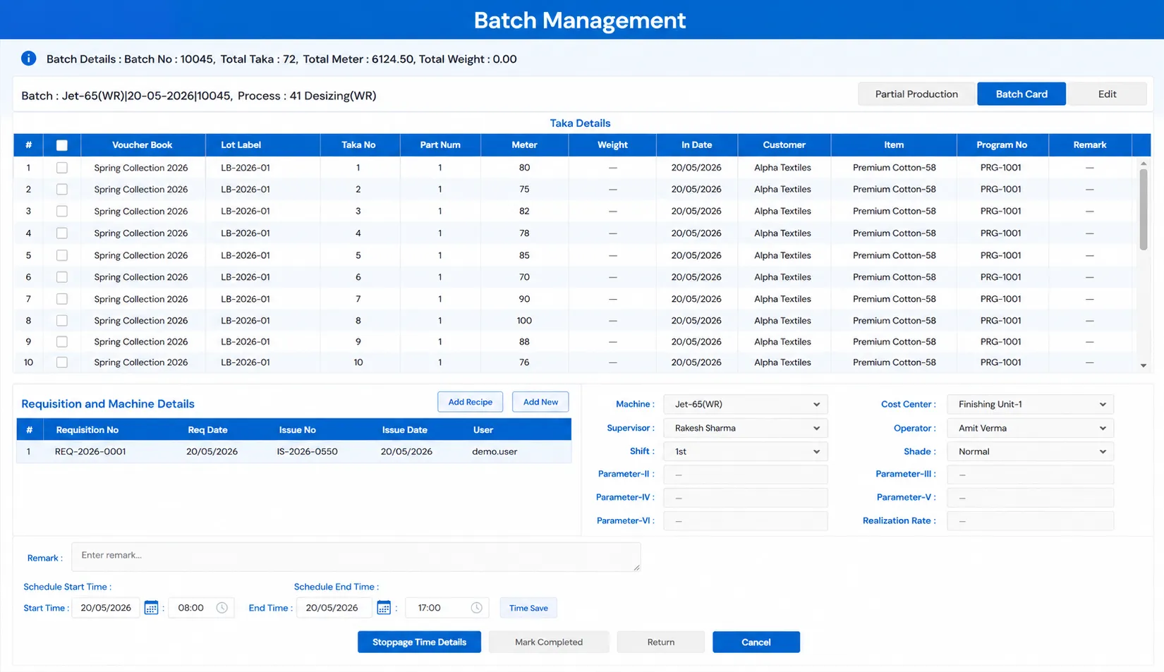 MobiOffice Batch Management — batch details, lot labels, taka info, and schedule times