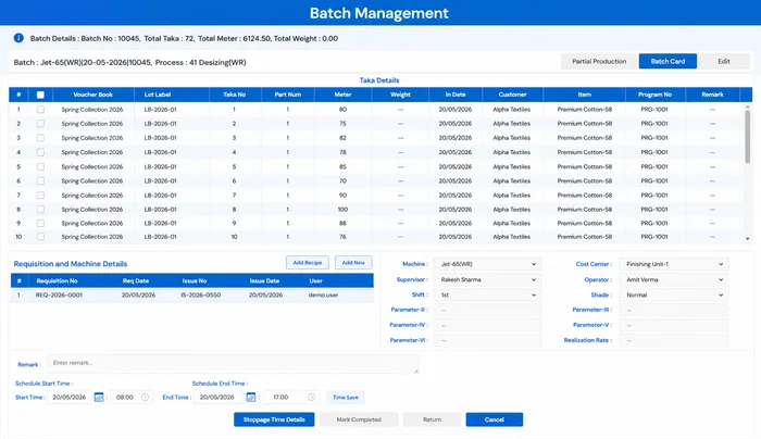 MobiOffice Batch Management — batch details, lot labels, taka info, and schedule times