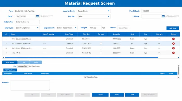 MobiOffice Material Request Screen — chemical items and quantities allocated to batch