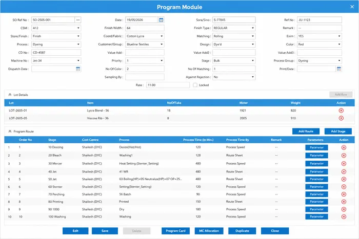 MobiOffice MSP Program Module — machine allocation, lot details, and process list per program
