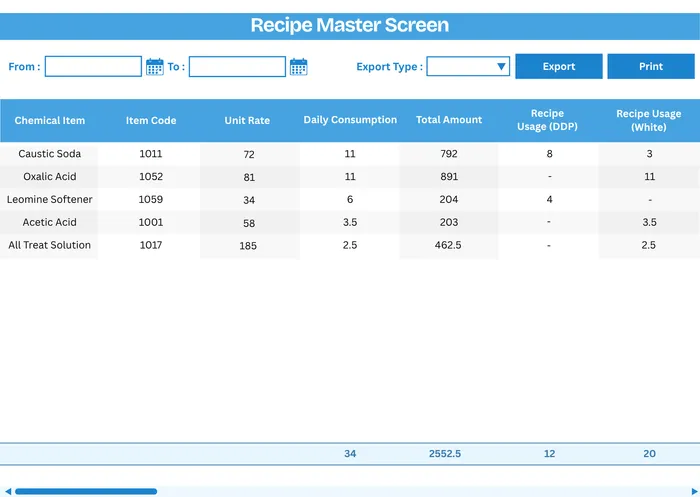 MobiOffice Recipe Master — MLR-based dye recipe with weight calculations