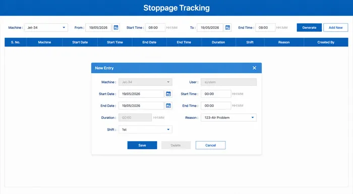MobiOffice Stoppage Tracking — machine downtime recorded with reason, duration, and shift